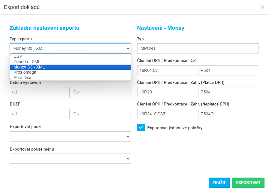 Export dokladů do účetních systémů